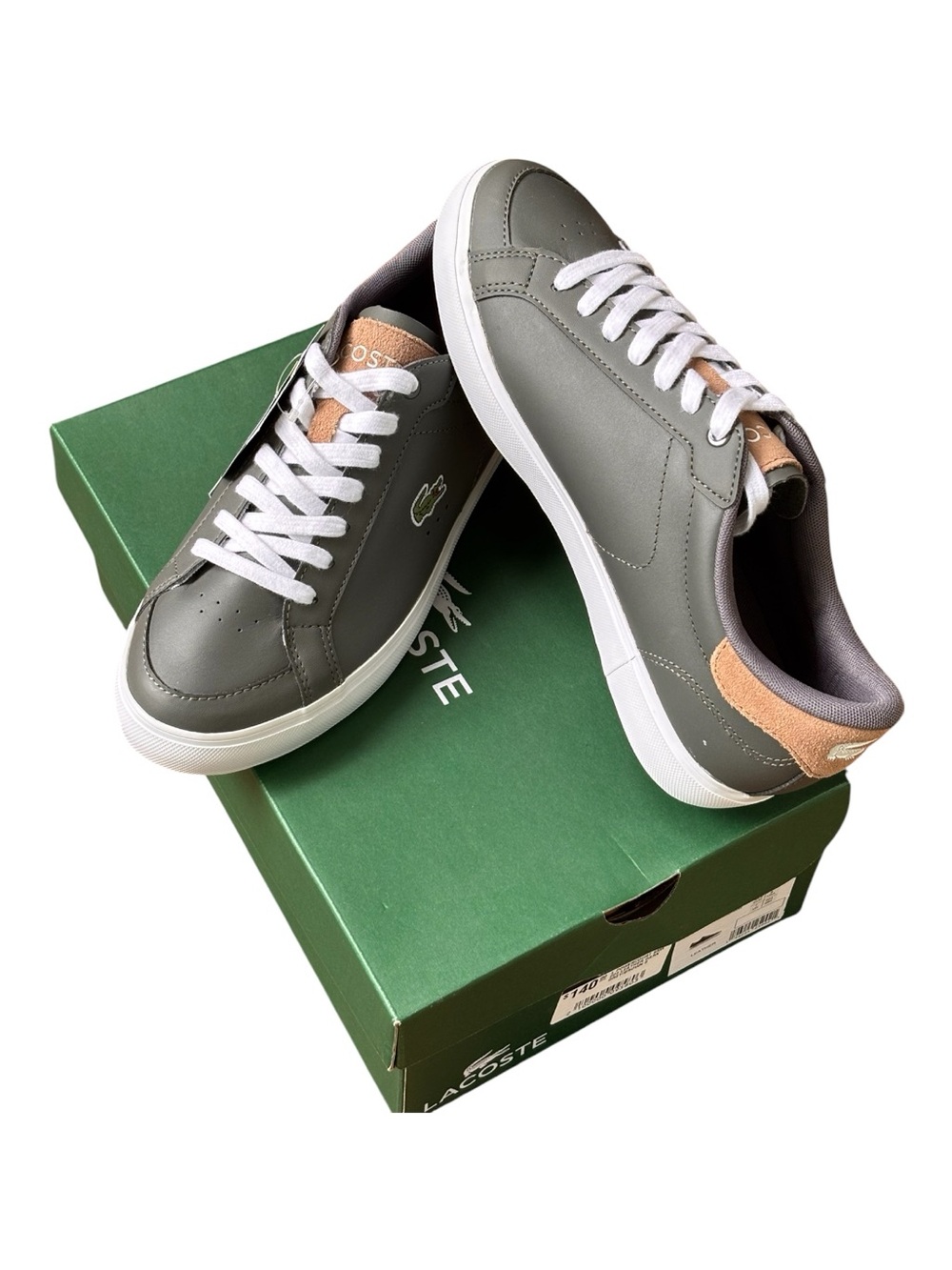 Lacoste Men's Gray Leather Sneakers with White Laces and Tan Heel